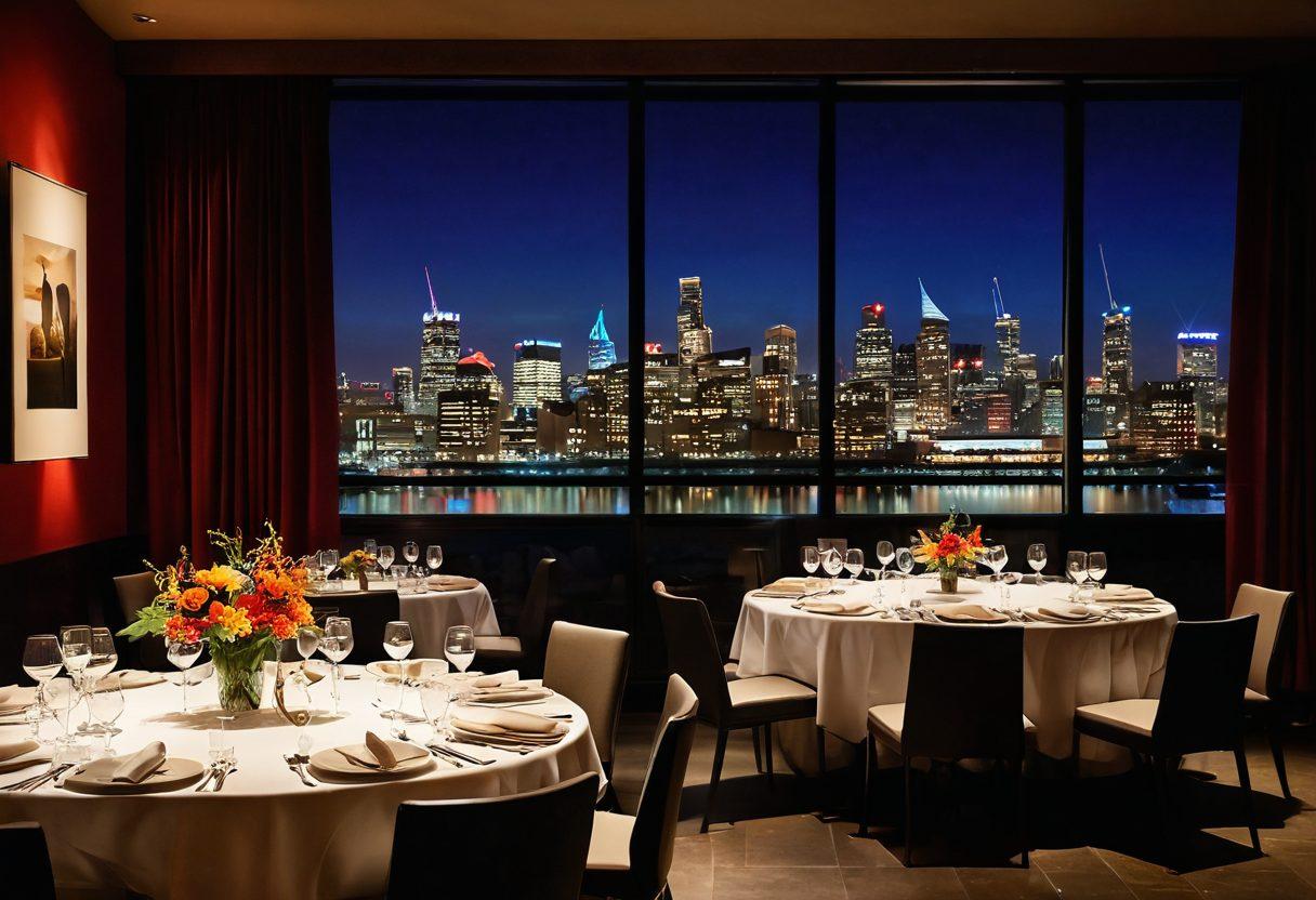 An elegant dining table set with gourmet dishes, alongside a stage featuring captivating performers in mid-performance at the Barbican Center. The ambiance is rich with soft lighting, reflecting a blend of arts and culinary excellence. Incorporate silhouettes of city skyline and vibrant cultural elements. super-realistic. vibrant colors. atmospheric lighting.