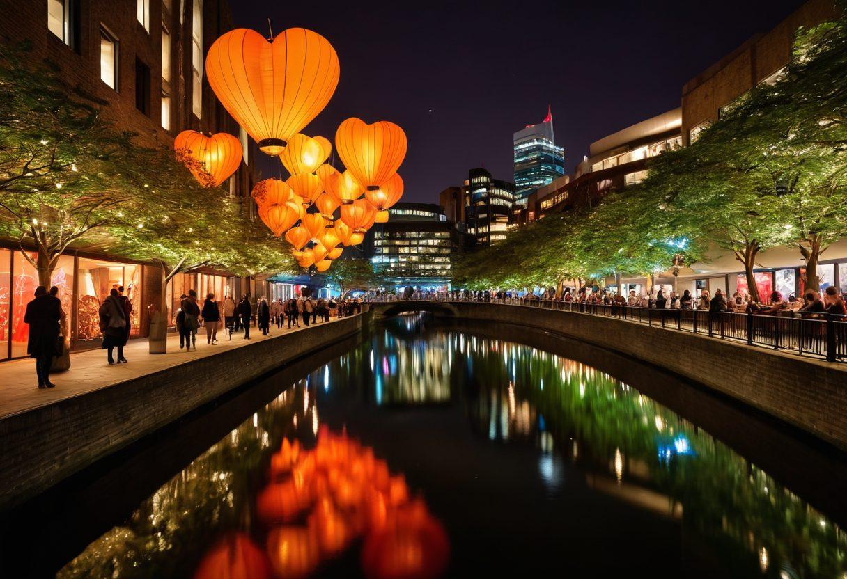 A vibrant and eclectic scene showcasing the Barbican Center with couples enjoying art exhibitions and live performances. Surround the center with elements of romance such as heart-shaped floating lanterns and colorful street art. Capture the energy of cultural diversity with people of various backgrounds engaging in passionate discussions. The atmosphere should be warm and inviting, emphasizing both art and love. super-realistic. vibrant colors. dynamic composition.