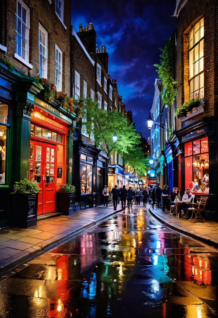 An enchanting view of London's Premier Arts District, showcasing couples enjoying street performances, artists painting on canvas, and vibrant nightlife. The scene is filled with colorful lights, lush greenery, and iconic London architecture in the backdrop, encapsulating the essence of romance and entertainment. super-realistic. vibrant colors. evening ambiance.